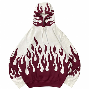 Custom Oversized <b>Men's</b> Hooded Sweatshirt White <b>Burgundy</b> Flame Print Regular Sleeve French Terry Autumn Streetwear Style - Product Image 1