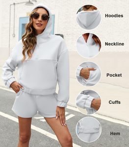 Conjunto de 2 piezas de sudadera con capucha y media cremallera estampada y pantalones cortos para mujer, venta al por mayor, ropa casual y streetwear de invierno - Product Image 3
