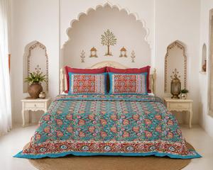 Bedsheet Set White Screen Print Cotton Bedding Handmade <b>Flat</b> Sheet with <b>Pillow</b> Covers Soft Boho Aesthetic - Product Image 1