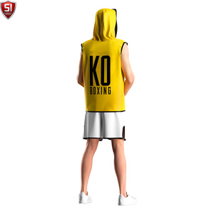 Wholesale Sleeveless <b>Hooded</b> Boxing <b>Robe</b> for Men Gym Training MMA Muscle Fit XL Custom Logo Sportswear Polyester Cotton - Product Image 4