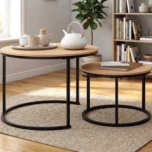 Modern Round <b>Nesting</b> <b>Coffee</b> <b>Table</b> <b>Set</b> of 2 with Wood Top and Metal Frame for Living Room Home Apartment Interior Decor - Product Image 6