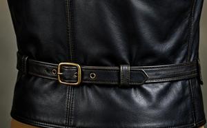 <b>Black</b> Genuine Leather Double Breasted <b>Vest</b> Stand Collar Button Closure Moto Biker Outerwear - Product Image 4