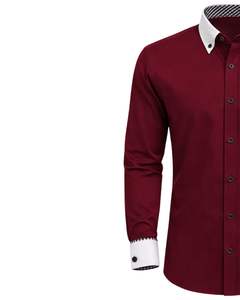 Chemise habillée rouge ajustée sur mesure pour homme, manches longues, boutonnée, col et poignets contrastants, formelle et décontractée, pour le bureau, en mélange de coton, OEM - Product Image 5