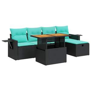 6 Piece <b>Black</b> Poly Rattan Patio <b>Sofa</b> Set with Cushions Outdoor <b>Garden</b> Furniture Contemporary Design Waterproof - Product Image 2