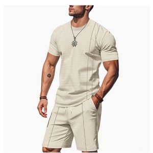 2026 American Style Waffle <b>Knit</b> Crew Neck Casual Men's Summer Eco-friendly 100% Bamboo Fiber Loose T-shirt <b>Set</b> Rhinestone - Product Image 2