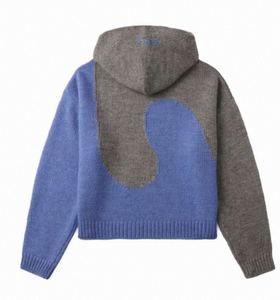 Crop Hoodie <b>Zip</b>-Up Blue And Gray Casual Knitted Sweatshirt Autumn Wear 100% Cotton - Product Image 3