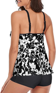 Conjunto de Tankini con Volantes y Estampado Floral para Mujer, Cuello Redondo, Spandex y Poliéster, Dos Piezas, Ropa de Playa Casual, Shorts y Top Elástico - Product Image 4