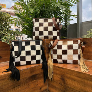 Bolso de hombro con flecos de cuero de vaca con patrón a cuadros de alta calidad, bolso de lujo de cuero genuino para mujer - Product Image 4
