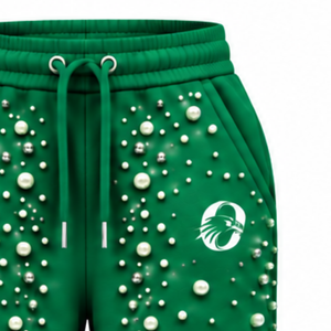 Emerald Green Pearl Beaded <b>Jogger</b> Pants <b>Women</b> Fashion Embellished Drawstring Sweatpants Luxury Casual Streetwear <b>Fleece</b> Bottoms - Product Image 6
