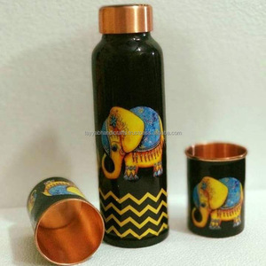 Printed <b>Enamel</b> Designer Copper Water Bottle With 2 Glass Set India Pure Copper Bottles from India - Product Image 5
