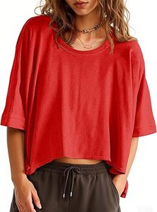 Oversized <b>Cropped</b> T-Shirt Women Solid Color Batwing Sleeve O-Neck Loose Fit Plus Size Casual <b>Top</b> <b>Red</b> - Product Image 5