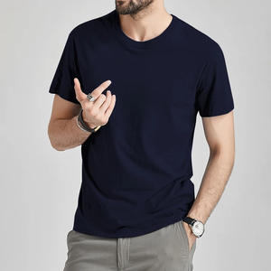 Camiseta de Cuello Redondo de Algodón Premium para Hombre, Azul Marino, Manga Corta, Corte Regular, Transpirable, Informal, Esencial para el Día a Día, Lisa - Product Image 2