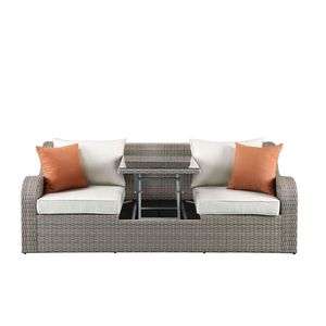Divano da Patio Salena in Tessuto Beige e Vimini Grigio con 2 Cuscini e 2 Pouf - Product Image 2