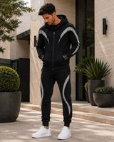 Ensemble de survêtement polaire noir à capuche pour homme, pantalon de jogging long et veste sportive avec cordon de serrage, design color block écologique