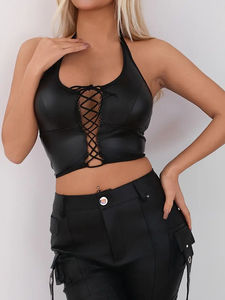 Women PU Leather Corset Top With Lace-Up Front Hollow Design <b>Tummy</b> <b>Control</b> Shapewear - Product Image 3