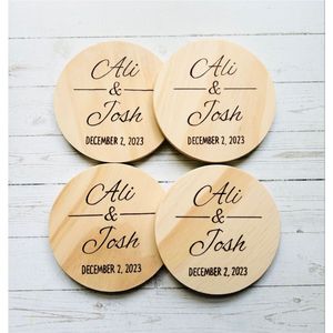 Custom Engraved Round <b>Pine</b> Wood Coasters Personalized Wedding Favors <b>Table</b> Decor Drink Mat Bridal Shower Gift Party Coasters - Product Image 1