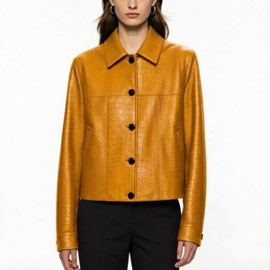 Chaqueta de Mujer de Cuero Genuino Negro, Cuello Camisero, Manga Larga, Patrón de Cocodrilo Repujado, Estilo Otoñal - Product Image 3