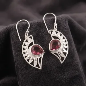 Boucles d'oreilles pendantes Bohème en argent sterling 925 pour femme, motif géométrique, serti clos de rhodolite taille poire, pour usage quotidien - Product Image 3