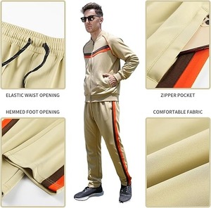 Ensemble de survêtement beige pour homme, veste à fermeture éclair intégrale avec bandes orange, poches latérales, tenue décontractée d'automne, coupe classique - Product Image 2