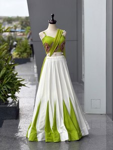 Designer Pure Rayon Fabric With Contrast Panel Design Adorned With Gota Patti Lace And Pearls & <b>Shell</b> Tassels Nvaratri Lehenga - Product Image 1