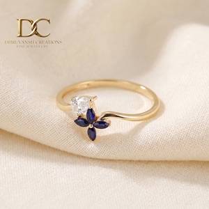 Anillo Floral de Oro Sólido de 14 Quilates de Lujo de Dhruvansh Creations con Diamante Cultivado en Laboratorio y Zafiro Azul Real con Certificado IGI para Mujer - Product Image 6