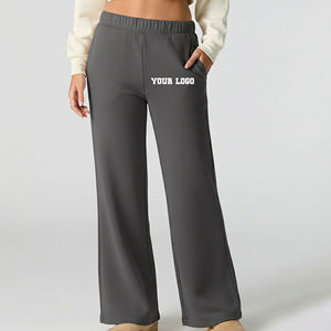 Pantalon large taille haute personnalisé pour femme, tricoté, coupe ample, longueur intégrale, couleur unie, taille élastique, décontracté, pour l'automne - Product Image 1