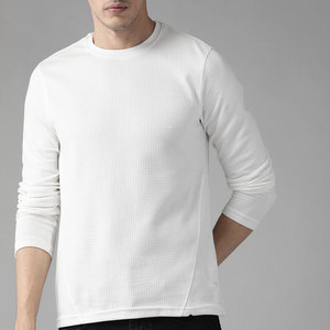 Men's Long Sleeve Waffle Knit O-Neck T-Shirt Solid <b>White</b> Breathable Cotton Casual Wear Regular Fit - Product Image 1