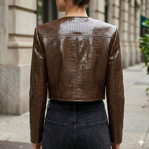 Brown Croco Embossed <b>Leather</b> Blazer Women's <b>Short</b> Jacket O-Neck Full Sleeve Autumn Style Button Closure - Product Image 4