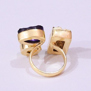 Geometric <b>Cocktail</b> <b>Ring</b> <b>Gold</b> Plated Raw Amethyst And Citrine Bezel Setting Bohemia Style Unisex Everyday Wear - Product Image 3