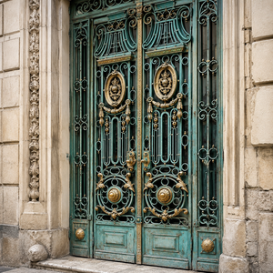 Porte d'entrée double en fer forgé orné de luxe, turquoise et or, design vintage en métal pour villa et maison - Product Image 3