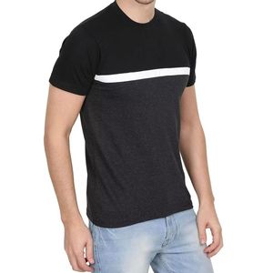 Camiseta Negra de Cuello Redondo con Panel Horizontal Azul Claro - Moda Casual Moderna, Tejido de Algodón Transpirable, Ropa Urbana de Verano - Product Image 4