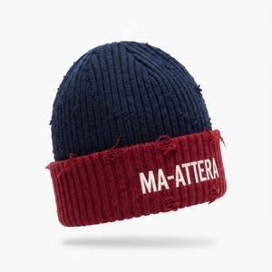 Custom <b>Navy</b> Red Rib Knit Cuffed Beanie <b>Hat</b> Winter Warm Skull Cap With Embroidered Logo - Product Image 5
