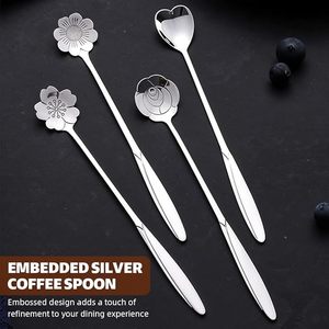 Set of 4 Stainless Steel Long Handle <b>Coffee</b> <b>Spoons</b> Flower Heart Rose Design Dessert Tea Ice Cream Stirring <b>Spoons</b> - Product Image 3