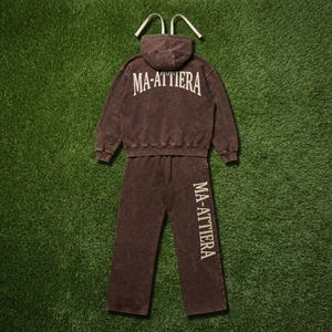 Ensemble survêtement homme personnalisé avec sweat à capuche zippé marron délavé et pantalon de survêtement large – Vente en gros OEM ODM - Product Image 6