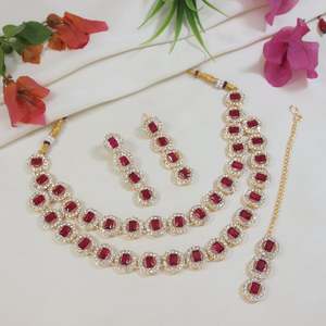 Fashion Jewelry <b>Set</b> Gold Plated Multi Layer Crystal Diamond Necklace with <b>Earrings</b> <b>and</b> Maang Tikka for Women - Product Image 1