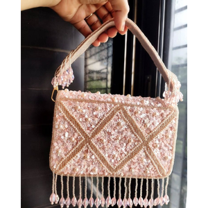 Chic Baby <b>Pink</b> Shimmering Evening Purse Hand Embroidered Ethnic Wedding <b>Bag</b> with Premium <b>Beaded</b> Detailing and Stylish Top Handle - Product Image 1