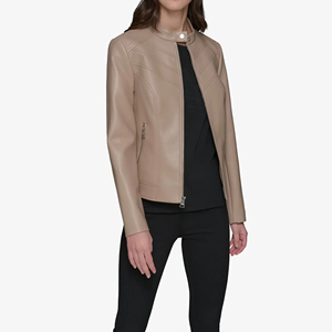<b>Women's</b> Beige Genuine <b>Leather</b> <b>Jacket</b> Stand Collar Zipper Front <b>Moto</b> Biker Racer Coat - Product Image 3