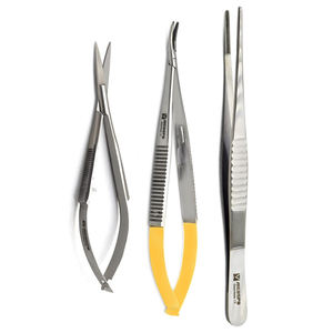 Ensemble de 3 instruments de microchirurgie manuels en acier inoxydable : porte-aiguilles, pinces, ciseaux chirurgicaux, pinces à épiler - Product Image 1