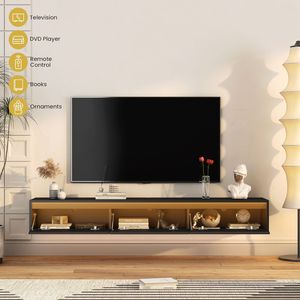 <b>Wall</b> Mounted TV Stand for Black TVs <b>Floating</b> LED Light Shelf with Power Outlet for Living Room Cabinets - Product Image 5