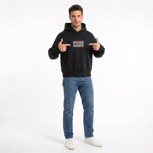 Sweat-shirt à capuche noir surdimensionné pour homme, personnalisé avec nom de marque, en molleton de coton épais, imprimé lettres, style décontracté et streetwear - Product Image 6