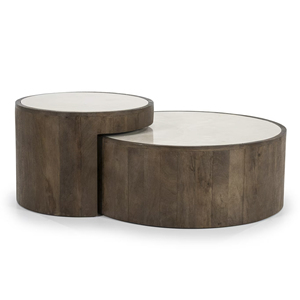 Contemporary Round Solid Mango Wooden <b>Coffee</b> <b>Table</b> With Marble Top <b>Nesting</b> <b>Set</b> Of 2 Design Modern Living Room Home Furniture - Product Image 2