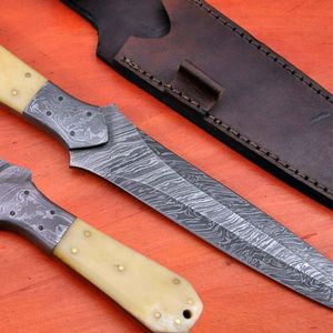 Couteau de chasse en acier Damas, couteau à dépecer, manche en acier au carbone, étui en cuir, couteau tactique portable à lame fixe pour la chasse, DIY - Product Image 4