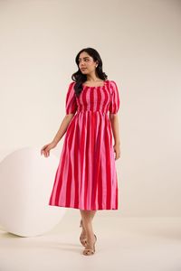 Robe midi en coton rayée rose, col carré, manches bouffantes, coupe trapèze, tenue décontractée d'été, tissu tissé respirant - Product Image 2