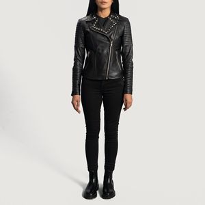 Direct Factory's Hot Sale Custom Women's XL Sheepskin Leather Biker Jacket <b>Studded</b> Aniline Finish High Quality Custom Logo - Product Image 6