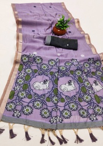Sari en coton violet avec des motifs floraux et animaliers, tenue traditionnelle indienne pour femmes, style mariage - Product Image 2