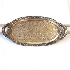 Vintage Silverplate Metal Serving <b>Tray</b> with Handles <b>Small</b> Oval Ornate Floral Design Vanity Decor - Product Image 3