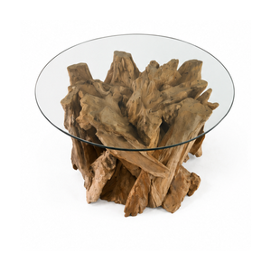 ARTERRA Luxury Modern Decorative Teak Root Coffee <b>Table</b> with Glass Top Round Natural Wood Living Room for Home & Hotel - Product Image 2