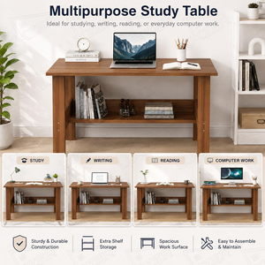 Bureau d'ordinateur moderne en bois avec étagère de rangement à un niveau, table d'étude pour ordinateur portable, poste de travail pour la maison, le bureau ou les étudiants - Product Image 6