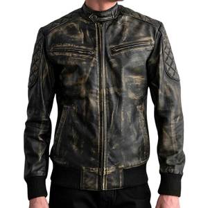 Chaqueta de Motociclista de Cuero Vacuno Desgastado para Hombre, Estilo Slim, con Cierre de Cremallera y Detalle de Botones, Cuello Alto, para Invierno - Product Image 1