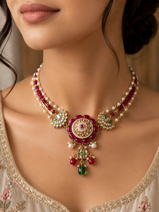 Parure de bijoux de luxe en laiton et zircon Kundan, collier ras-du-cou et boucles d'oreilles clous, style traditionnel indien, pour mariée, fiançailles, mariage, soirée, brillant - Product Image 1